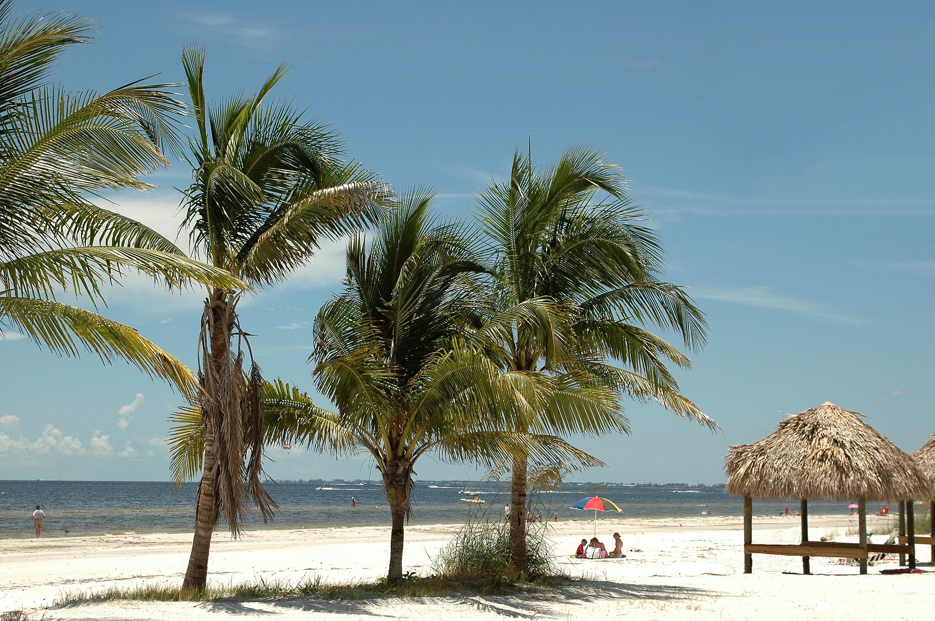 Palm trees sway in the wind on a silky white sand beach.