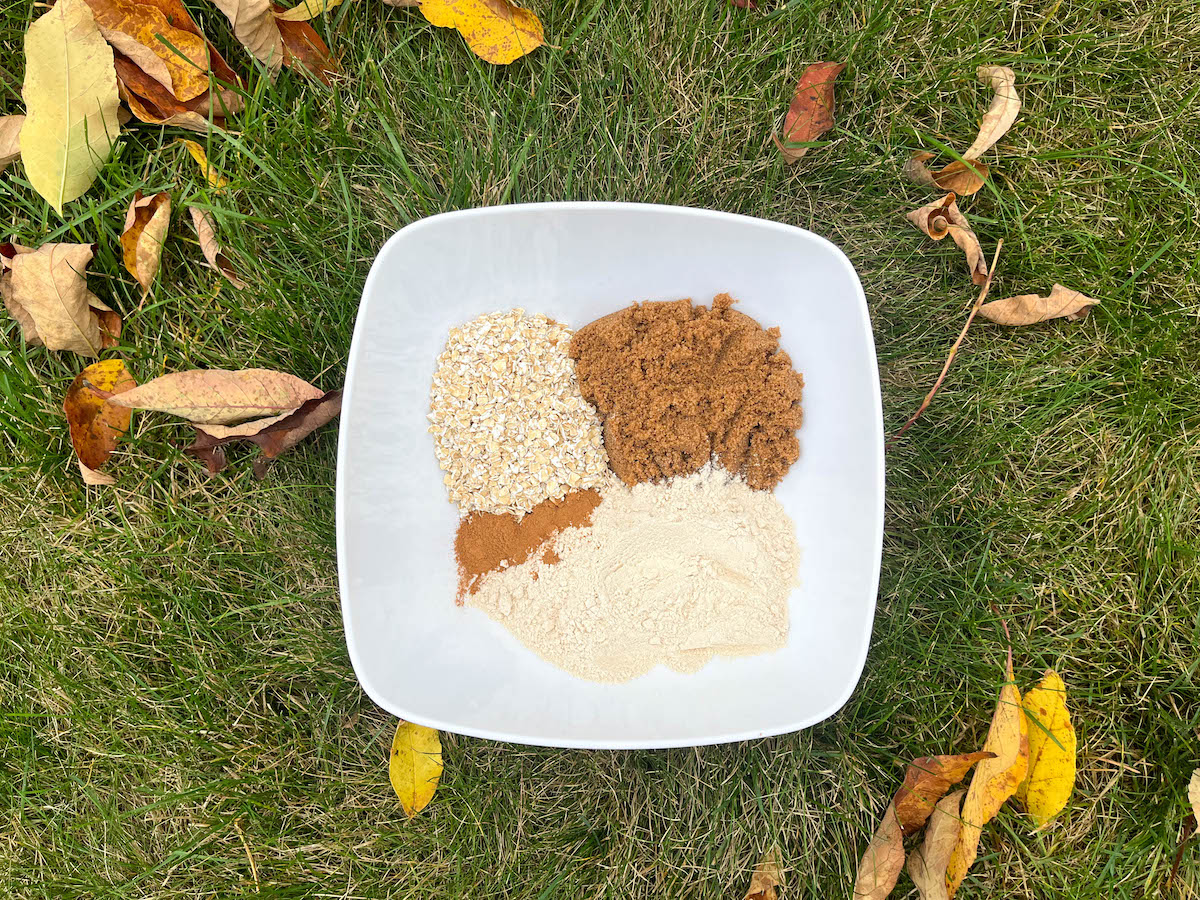 Overhead shot of dry ingredients in a white bowl on a lawn.