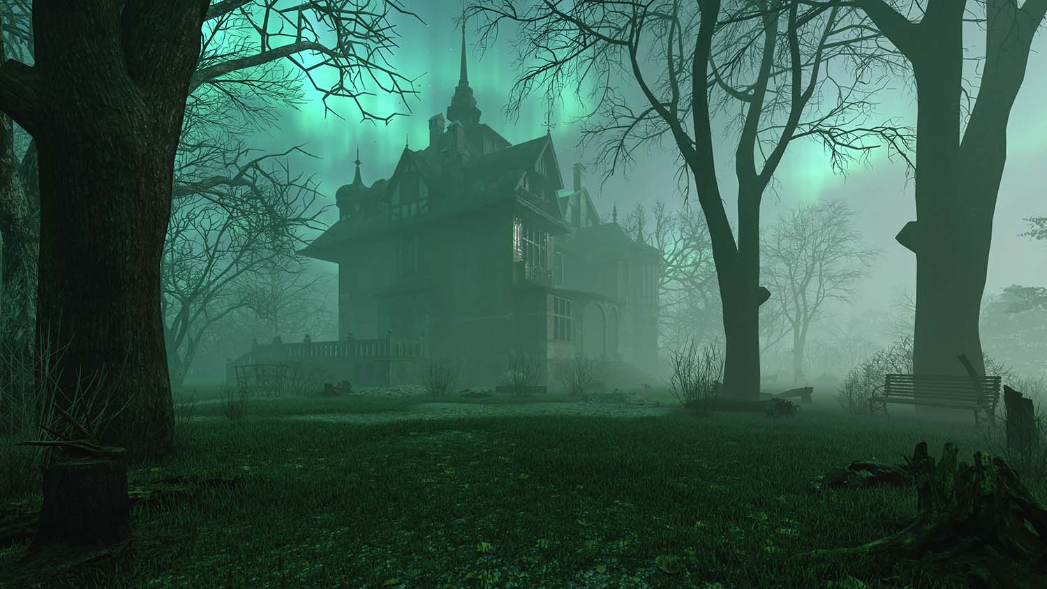 Old haunted abandoned mansion in creepy night forest with cold fog atmosphere