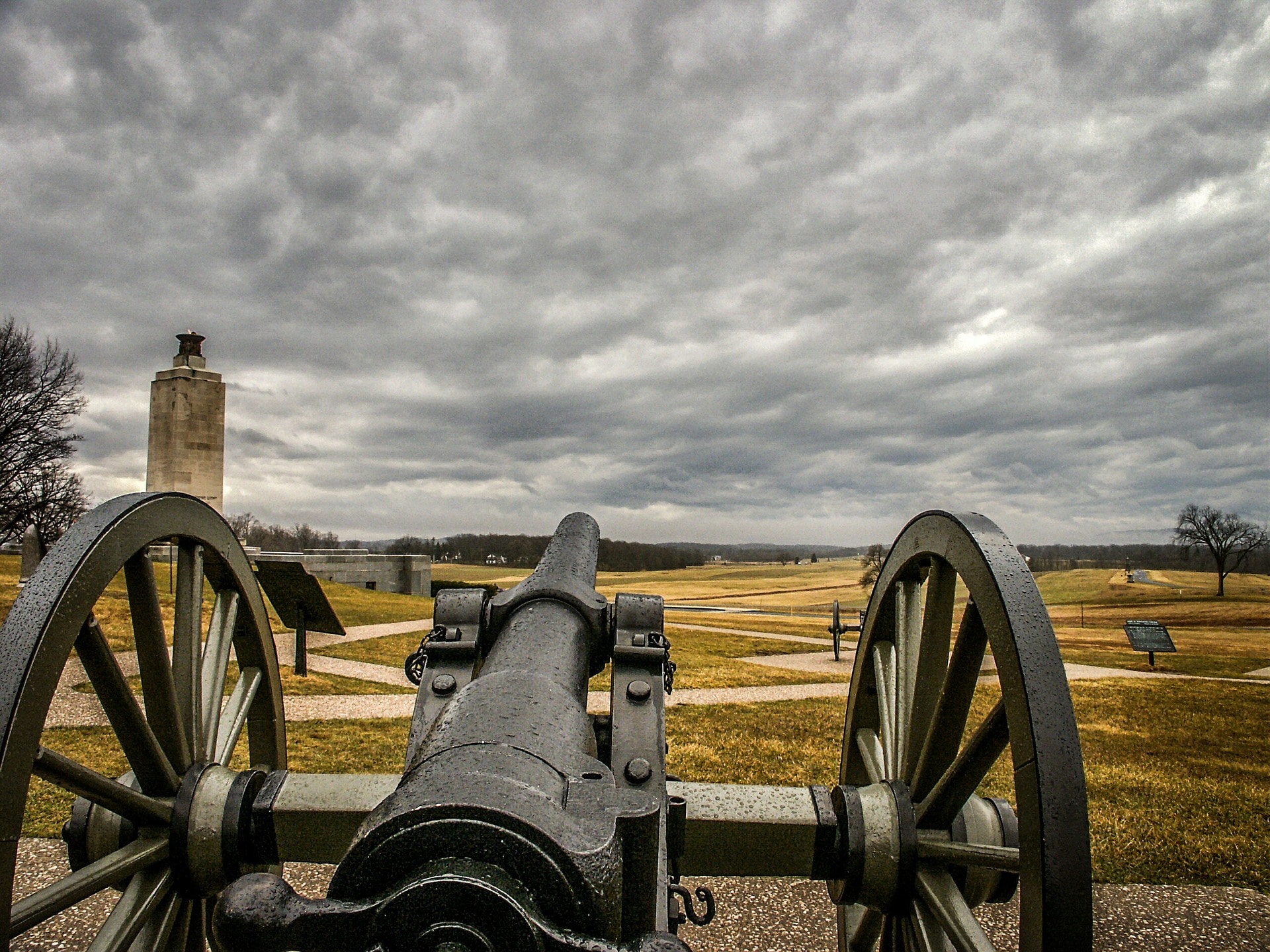 A lone cannon faces an empty battlefield under overcast skies.