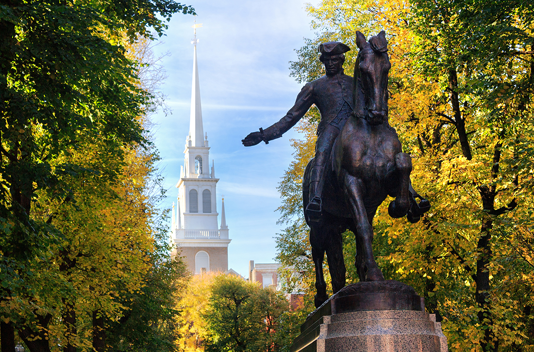 Statue of an equestrian flanked by trees.