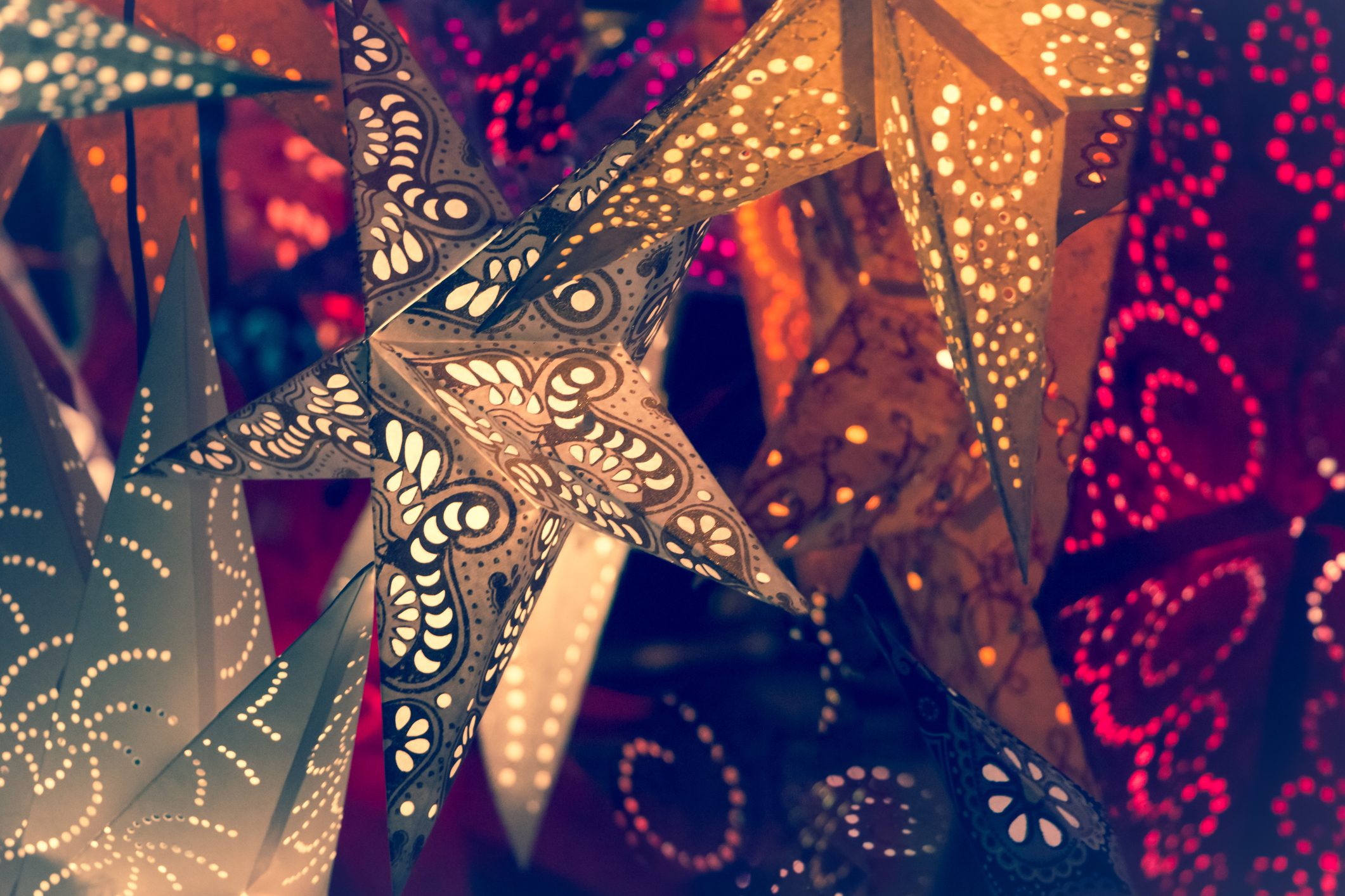 Beautiful shiny star mood lamp in merry advent decoration.