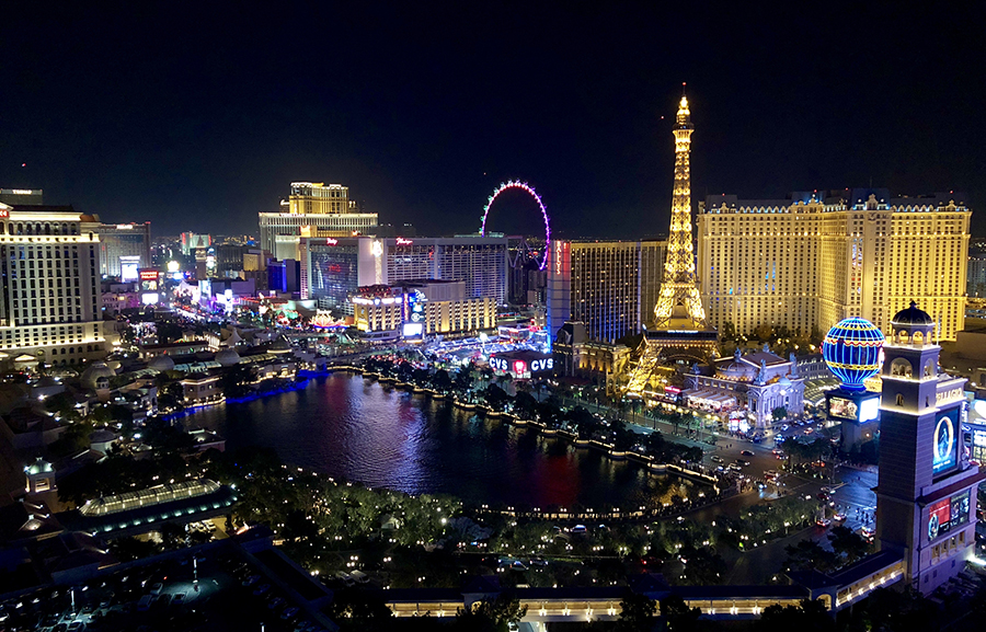 Lights blazing, casinos line the Las Vegas Strip at night.