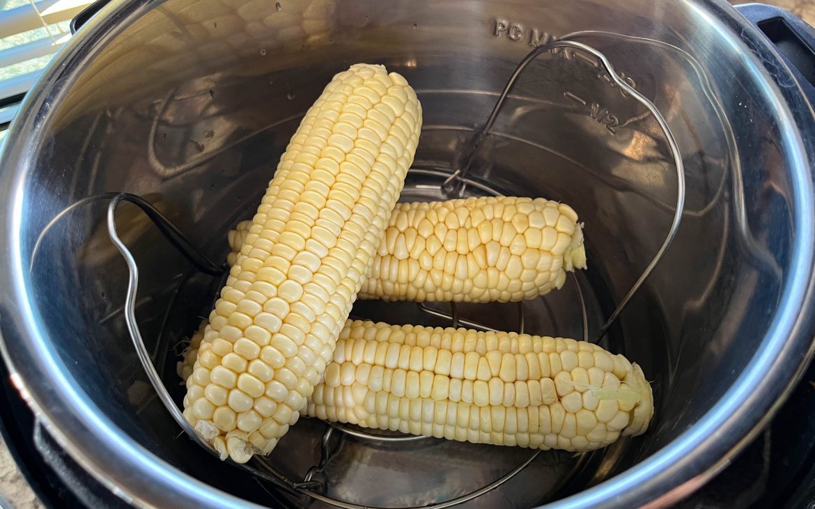 Three ears of corn in a pot.