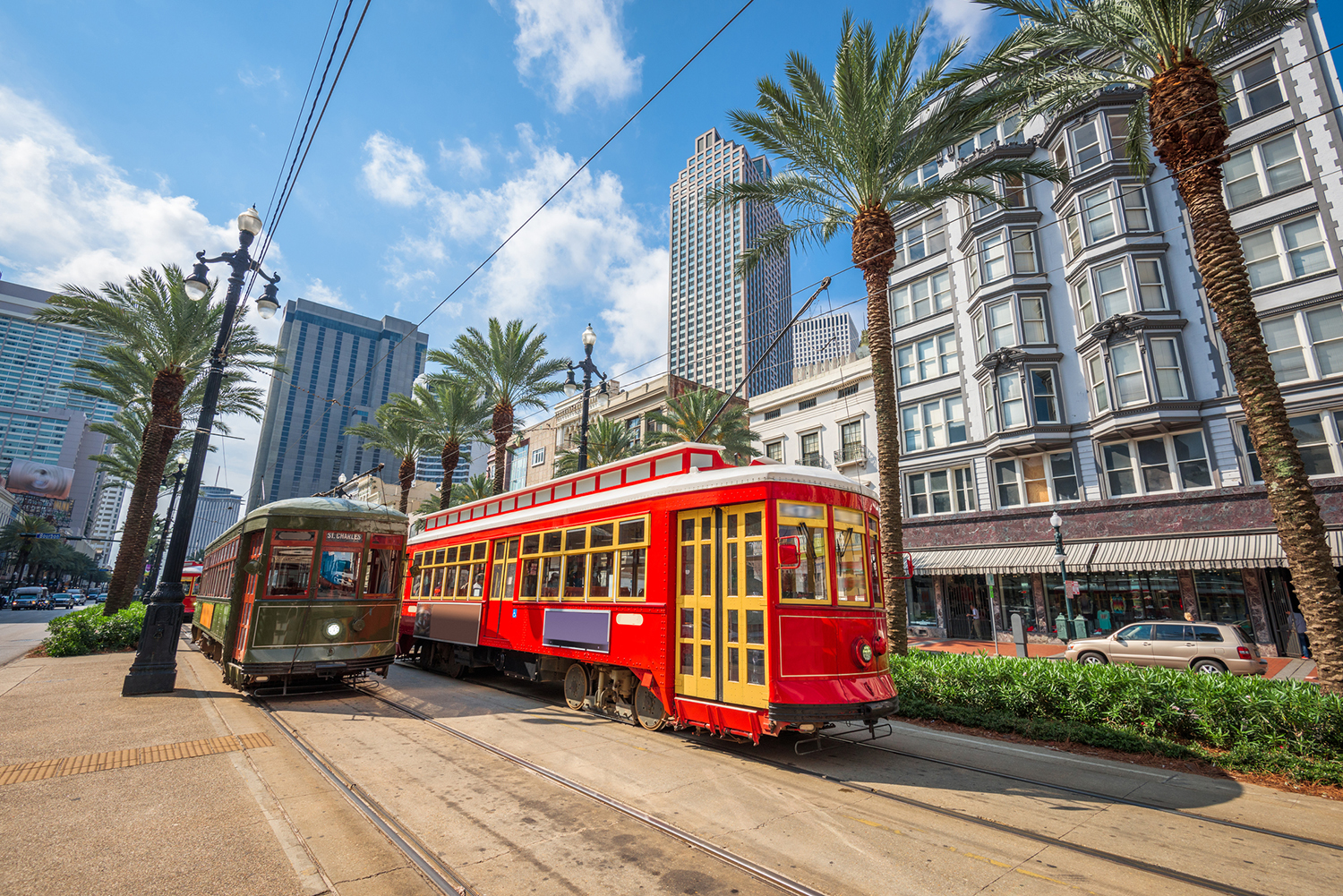 A bright red streetcar in New Orleans.