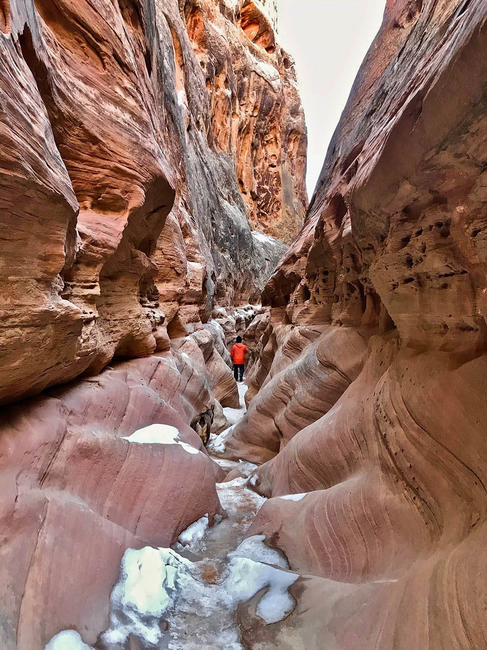 A hiker walks along a crevasse.