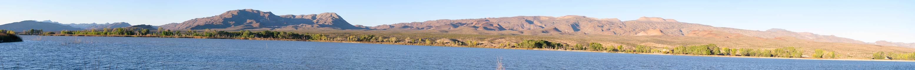 Panoramic view of lakeshore with desert in background.