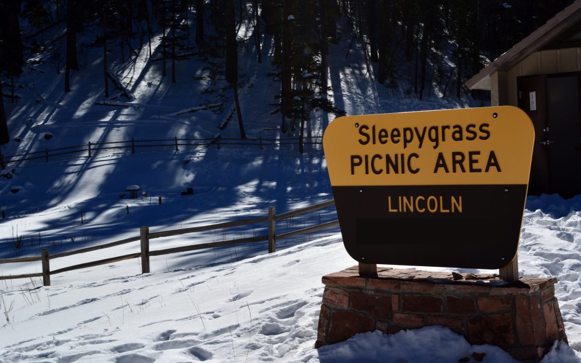 Sleepygrass picnic area sign located in Lincoln National Forest, New Mexico.
