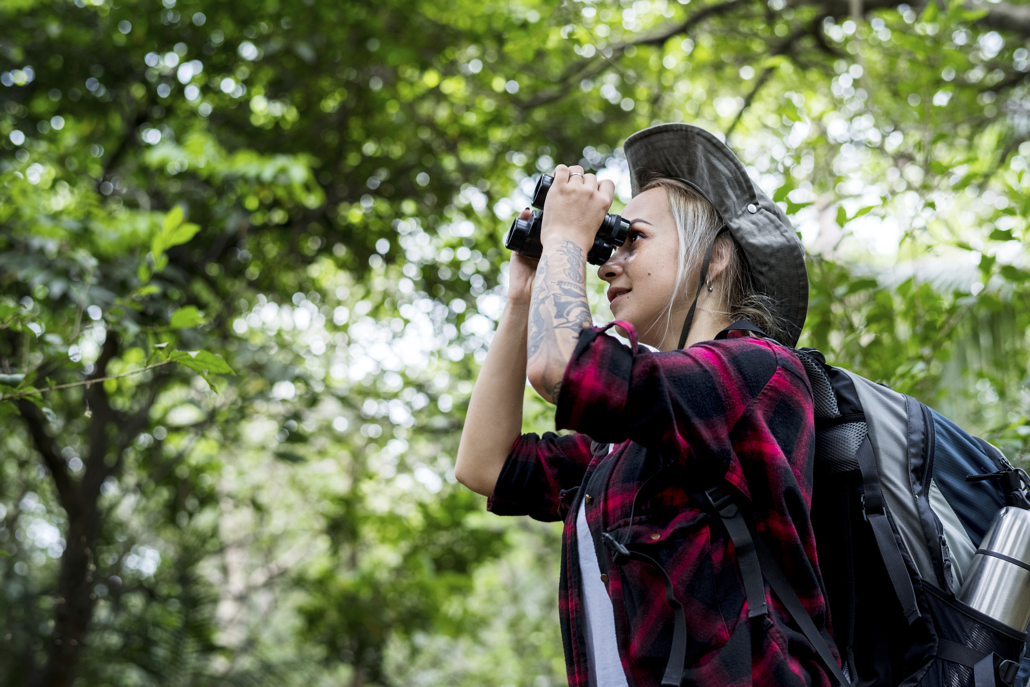 A female birdwatcher under a canopy of trees.