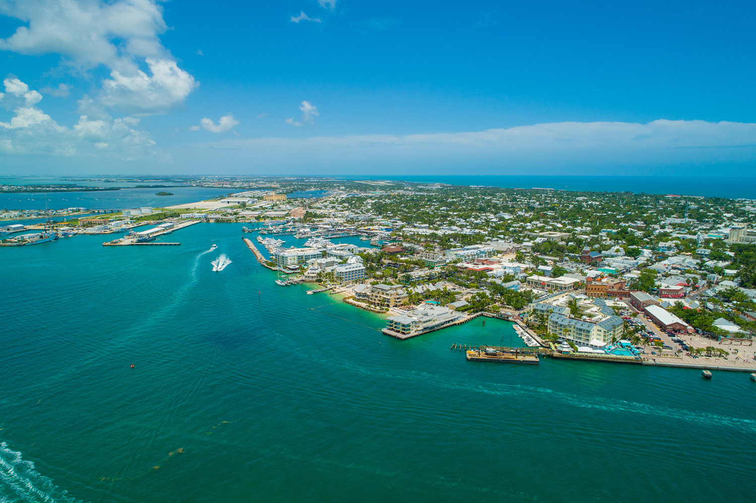 Aerial view of scenic island. 