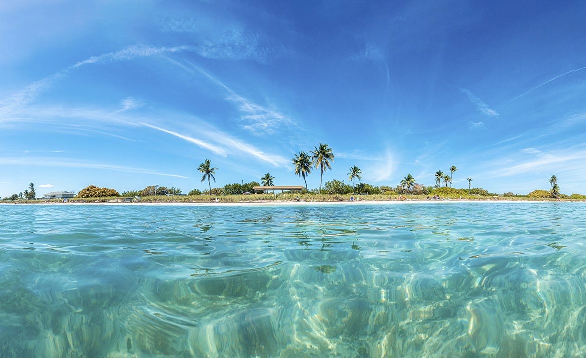 Panoramic picture of Sandspur Beach on Florida Keys in spring during daytime.