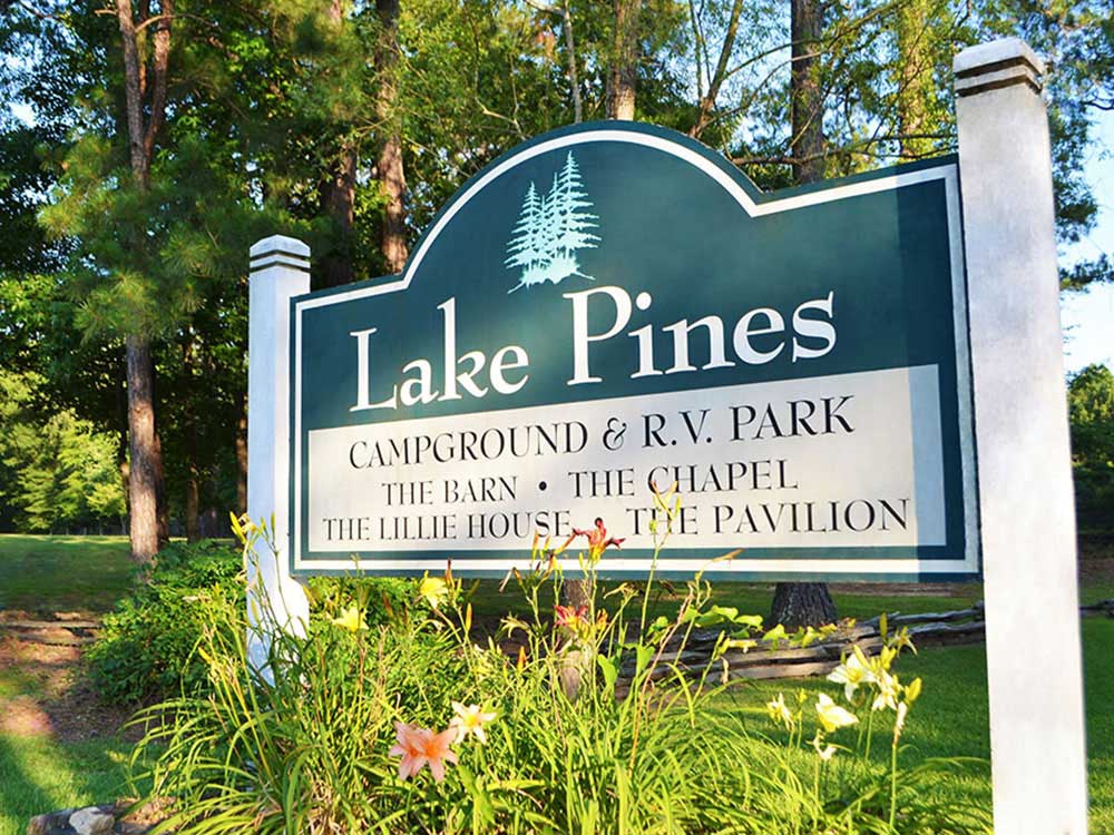 Sign indicating Lake Pines Campground & RV Park