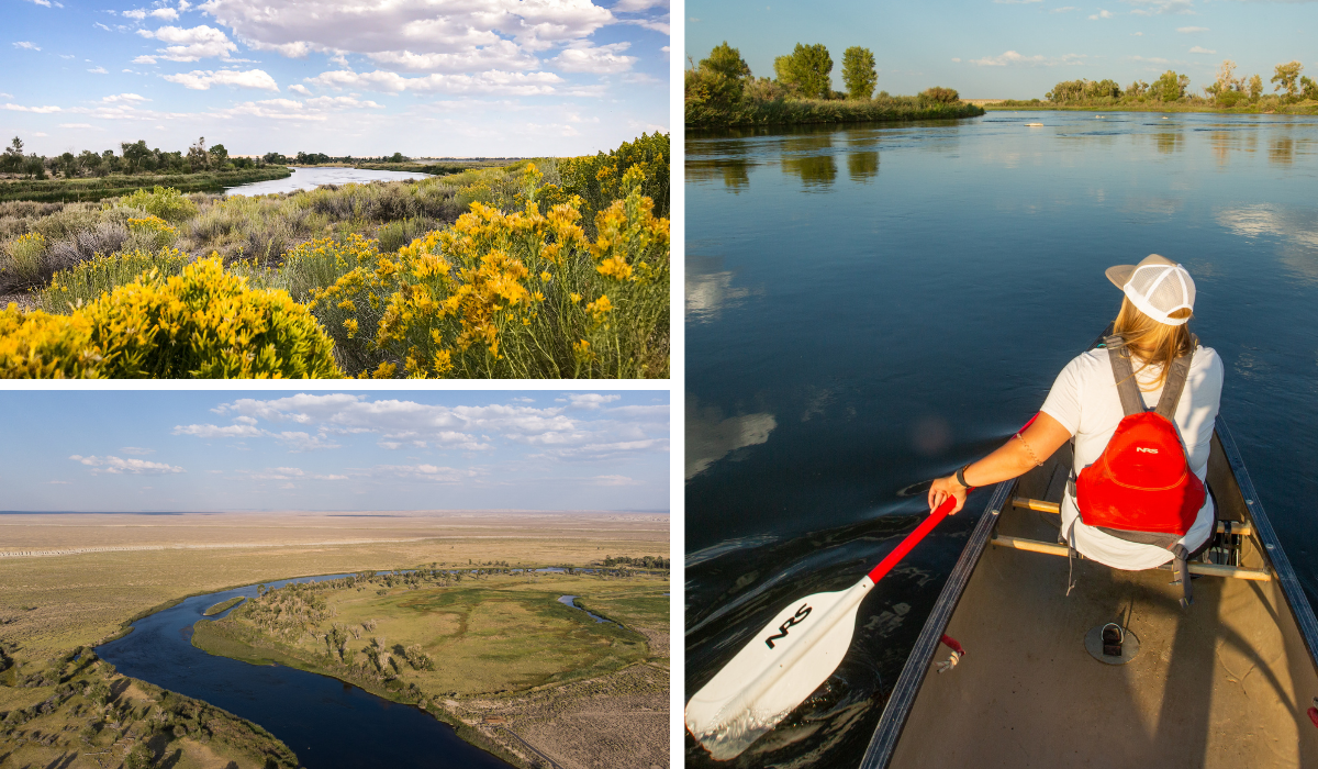 Three pictures of a river winding through Western prairie. Far right picture shows a paddler propelling a canoe through tranquil waters.