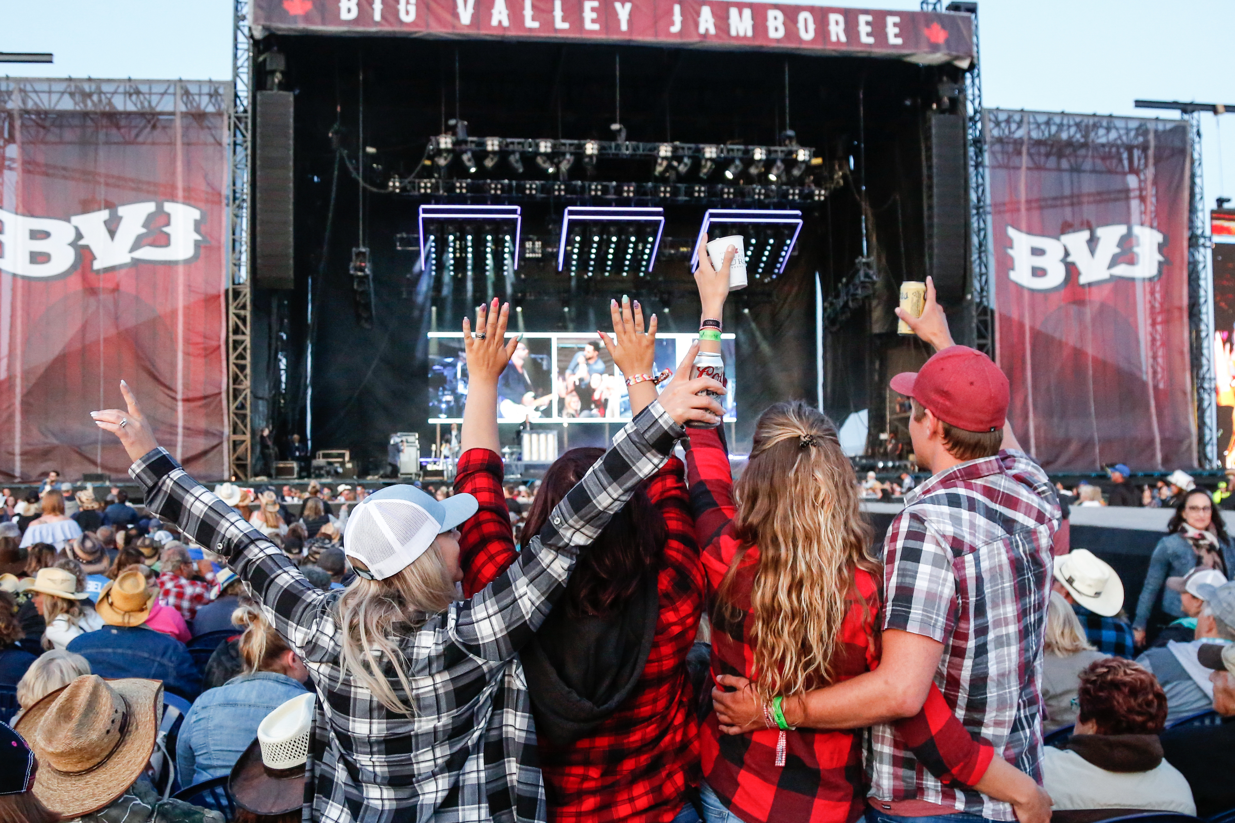 A raucous crowd cheers a stage at an outdoor music festival.