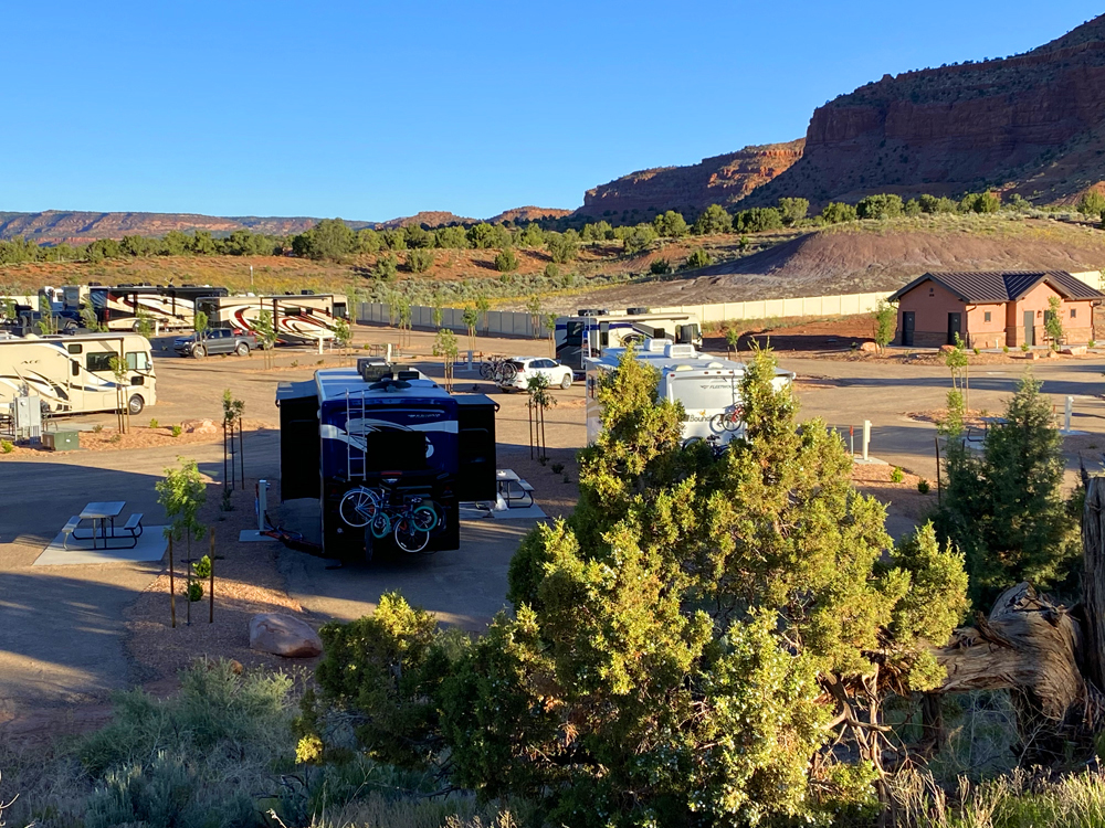 RV park at the foot of crimson bluffs.