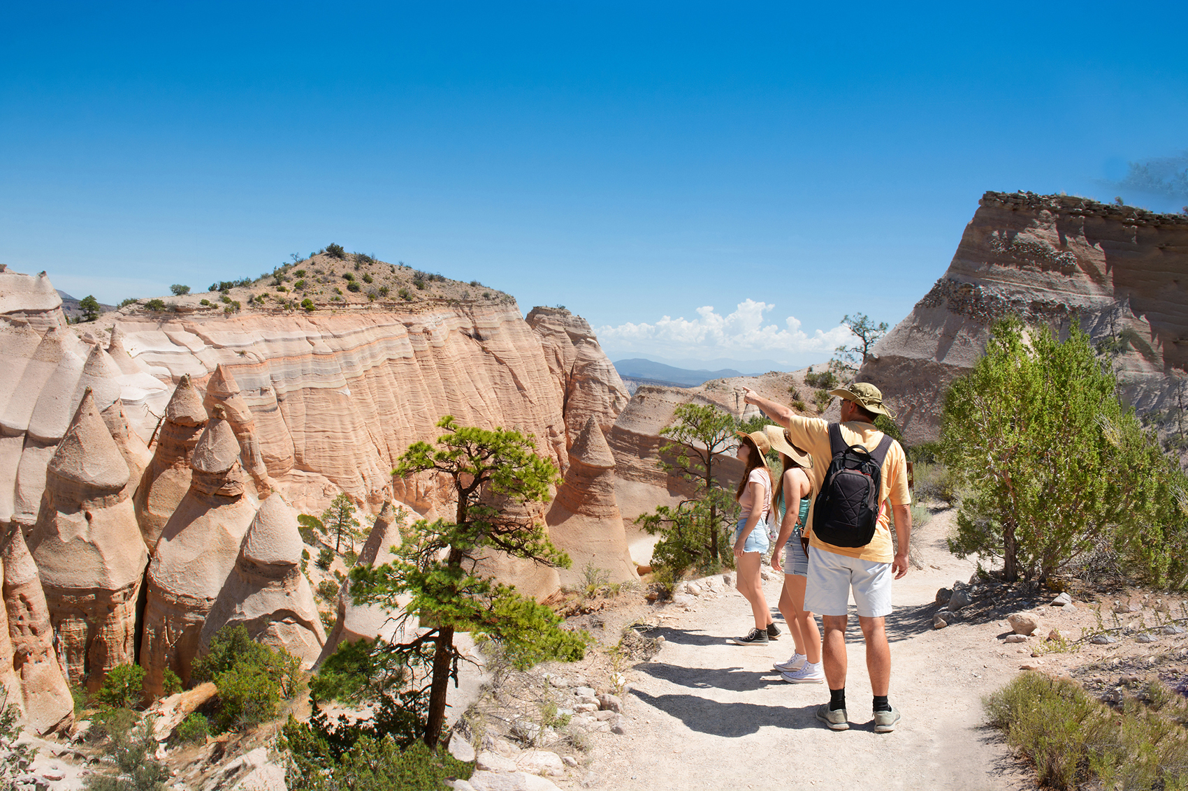 A family on a hiking trail pointing at pointed rocks.