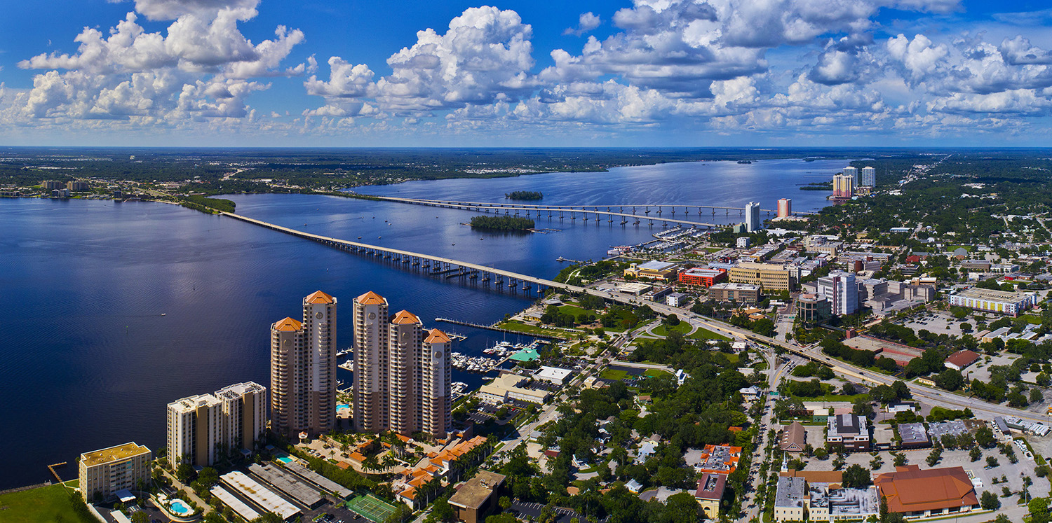 Aerial shot of river resort town.