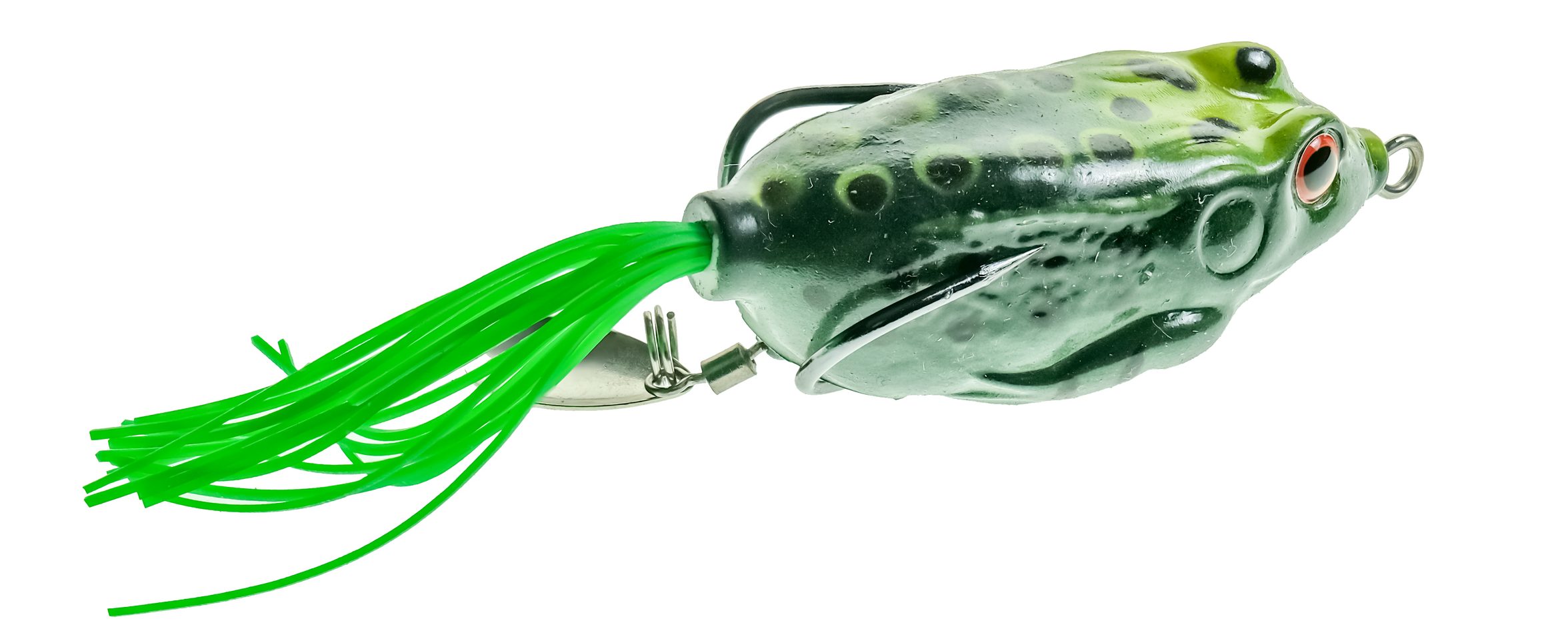 Close up of a surface frog fishing lure used to catch pike and bass isolated on a plain white background