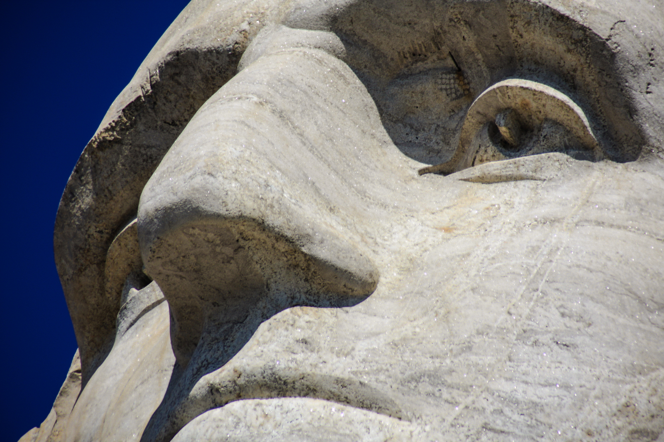 A closeup of a stone face of a president.