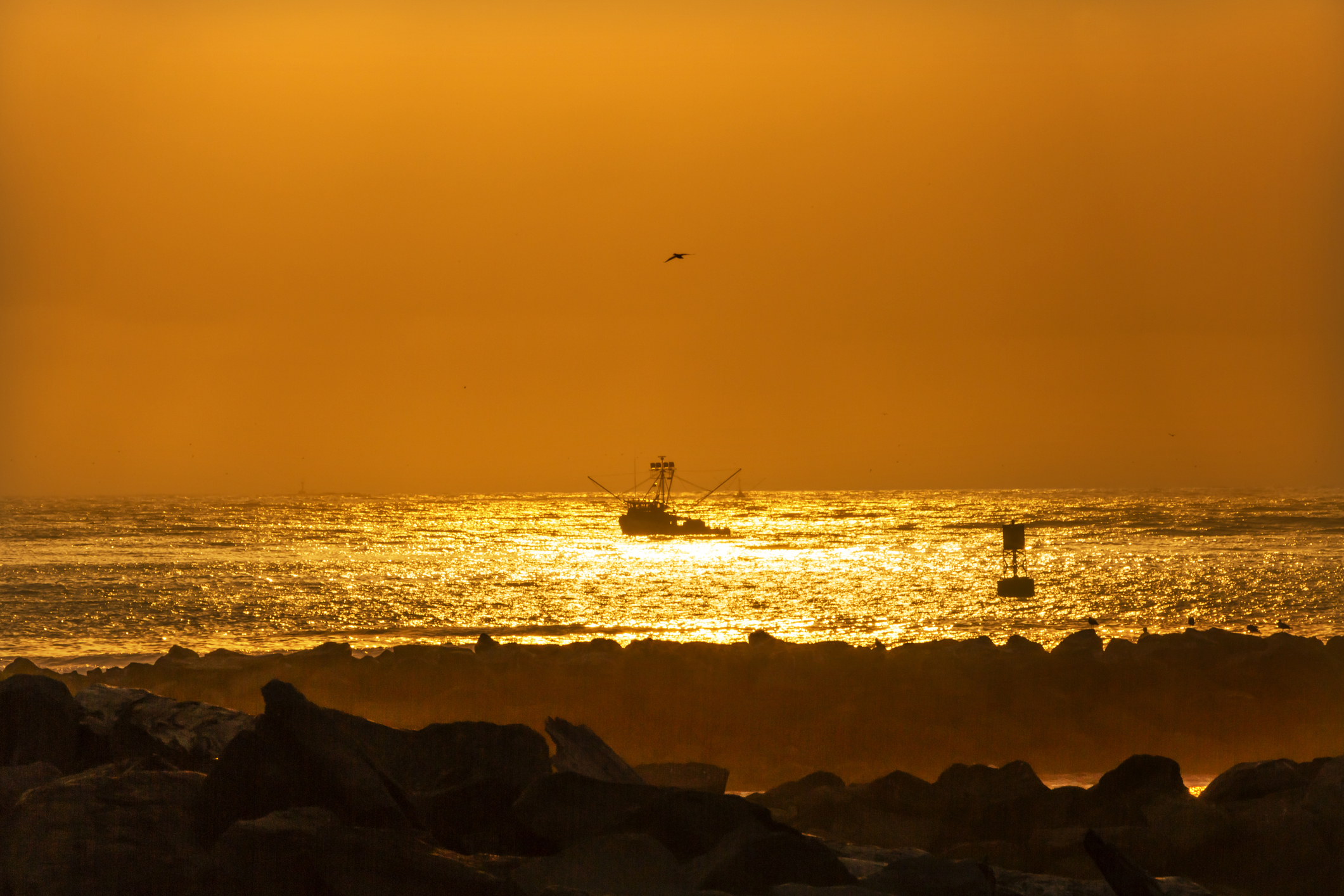 A fishing boat on golden waters during sunset.
