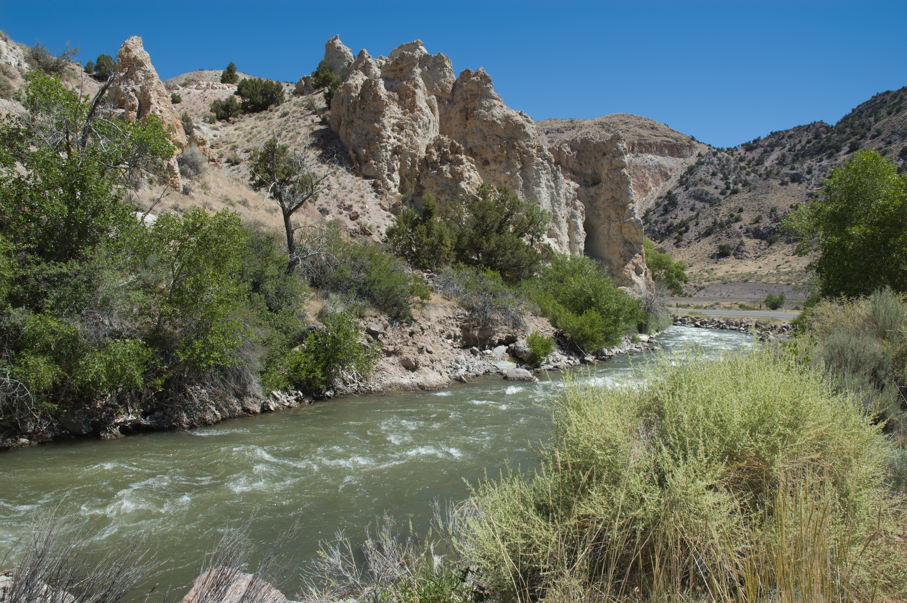 Whitewater churning through arid valley.