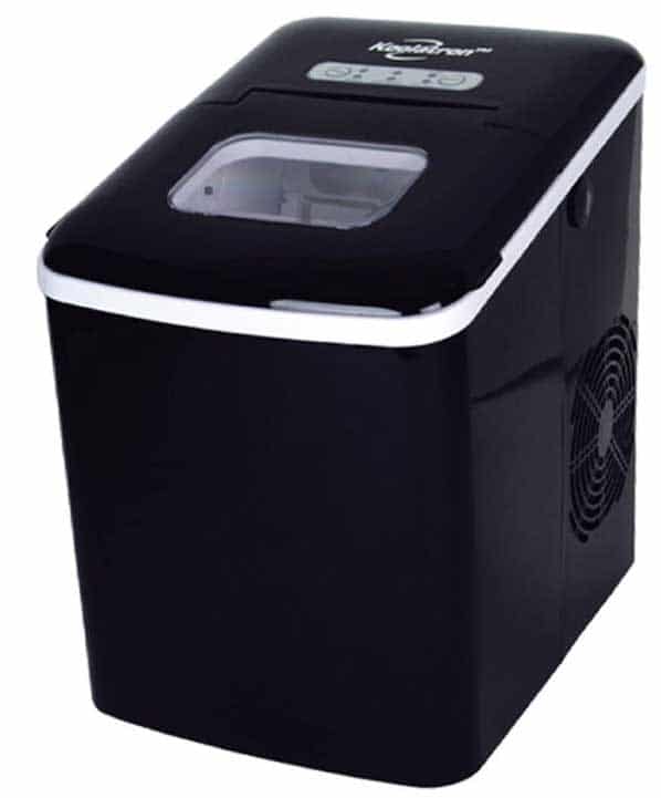 A black, compact ice maker against a white background.