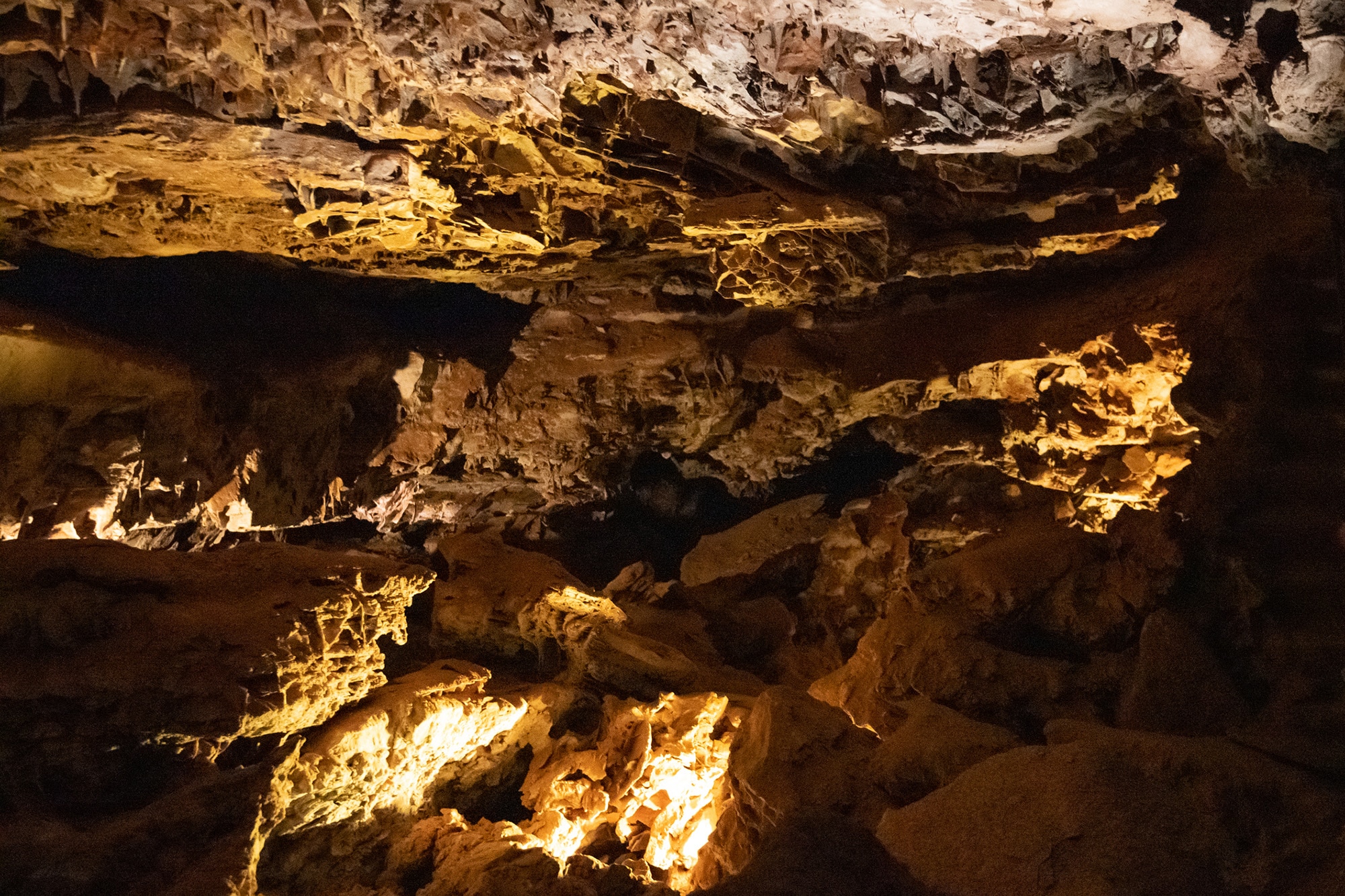 Rock formations deep in a natural cave.