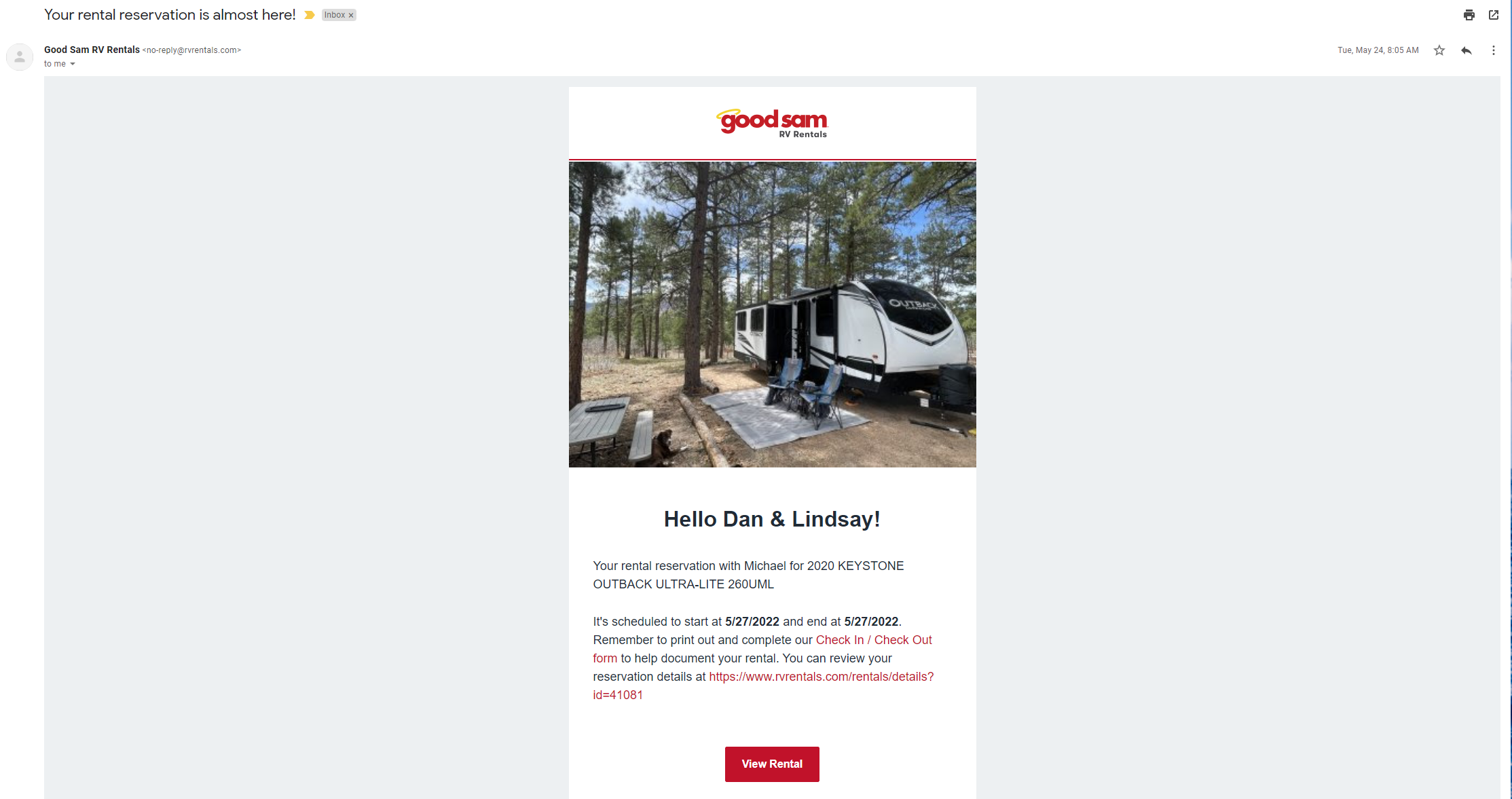 Message indicating confirmation of RV rental.