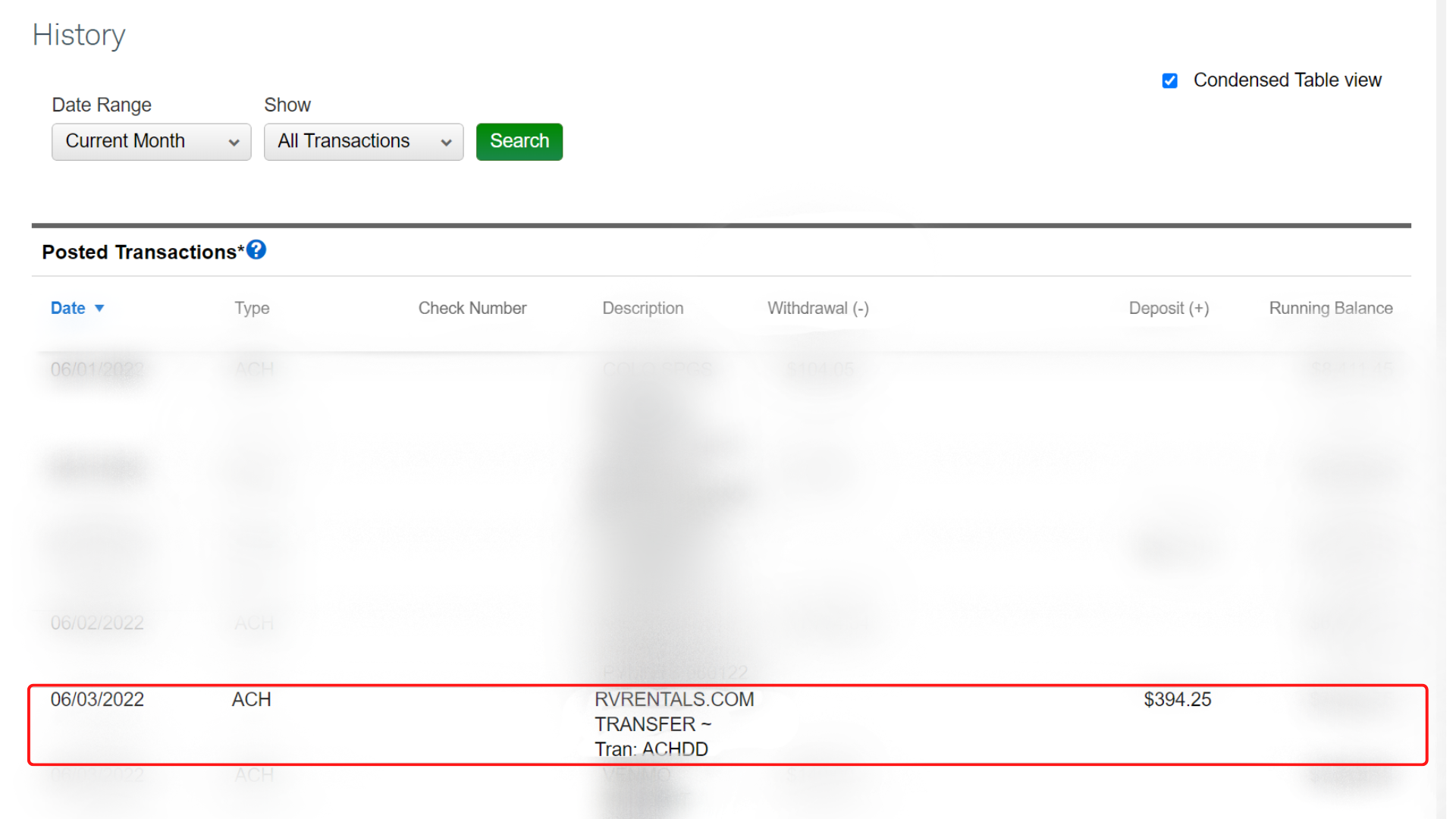 Screen showing payment made for RV rental.