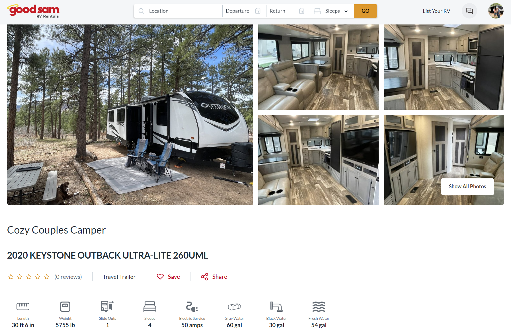 Computer screen showing interior and exterior of travel trailer