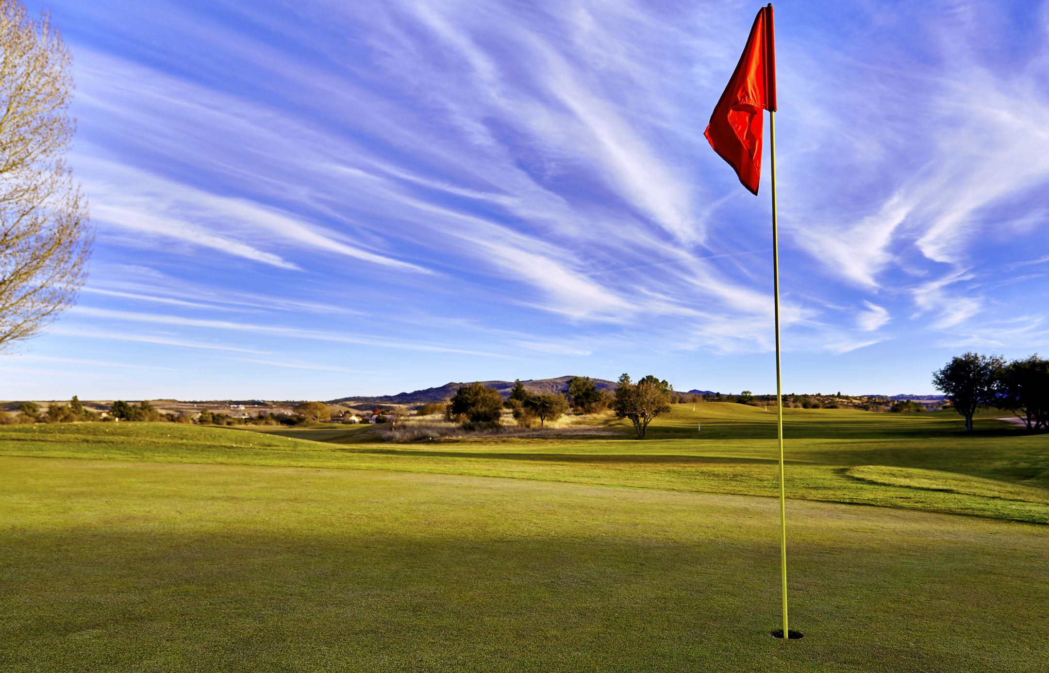 Red golf flag against green fairway background.
