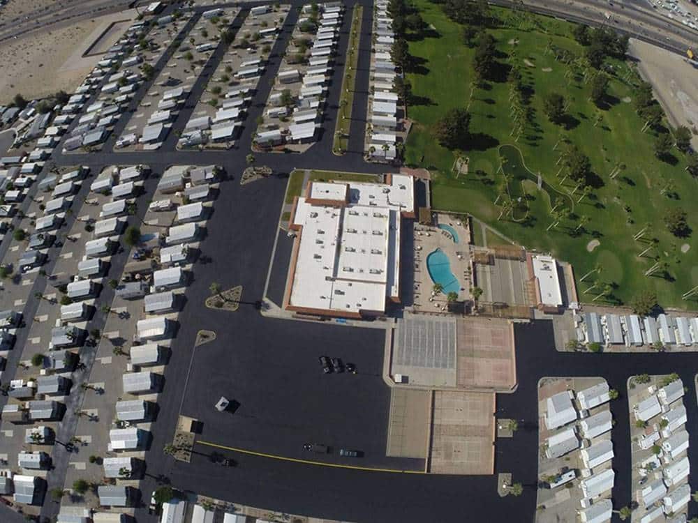 Aerial shot of golf course and RV park.