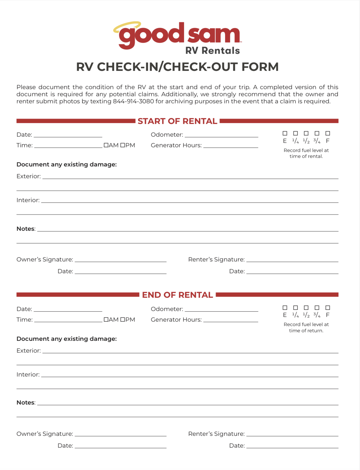 RV Check-in/Check Out form for Good Sam RV Rentals