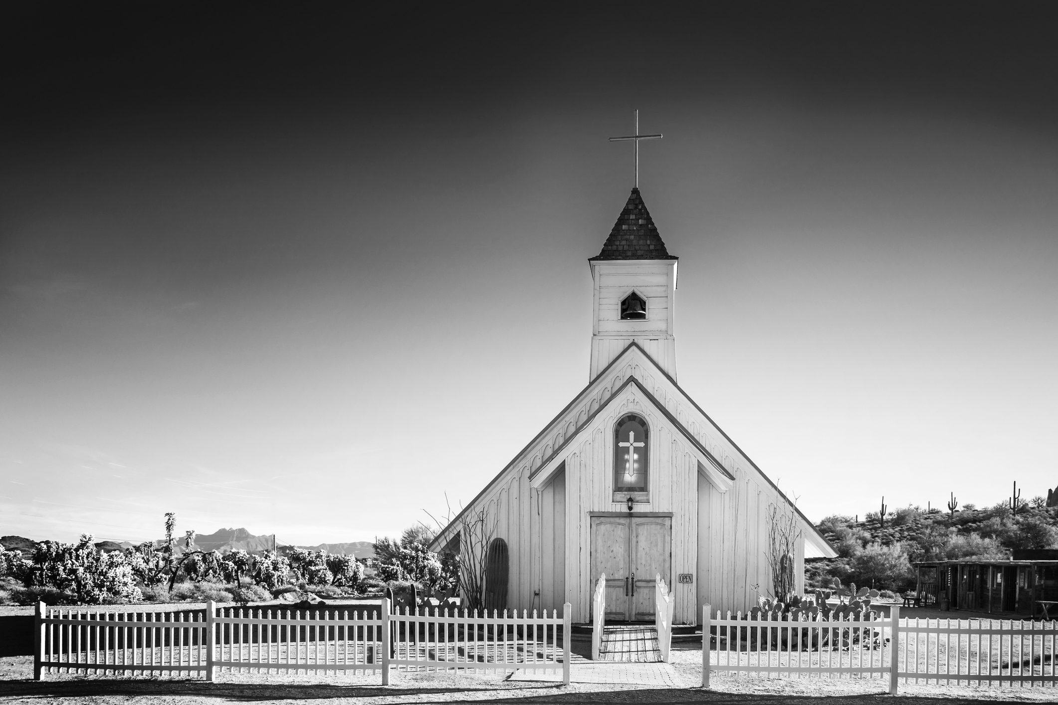 Horizontal Black and White Image of an Old Church.