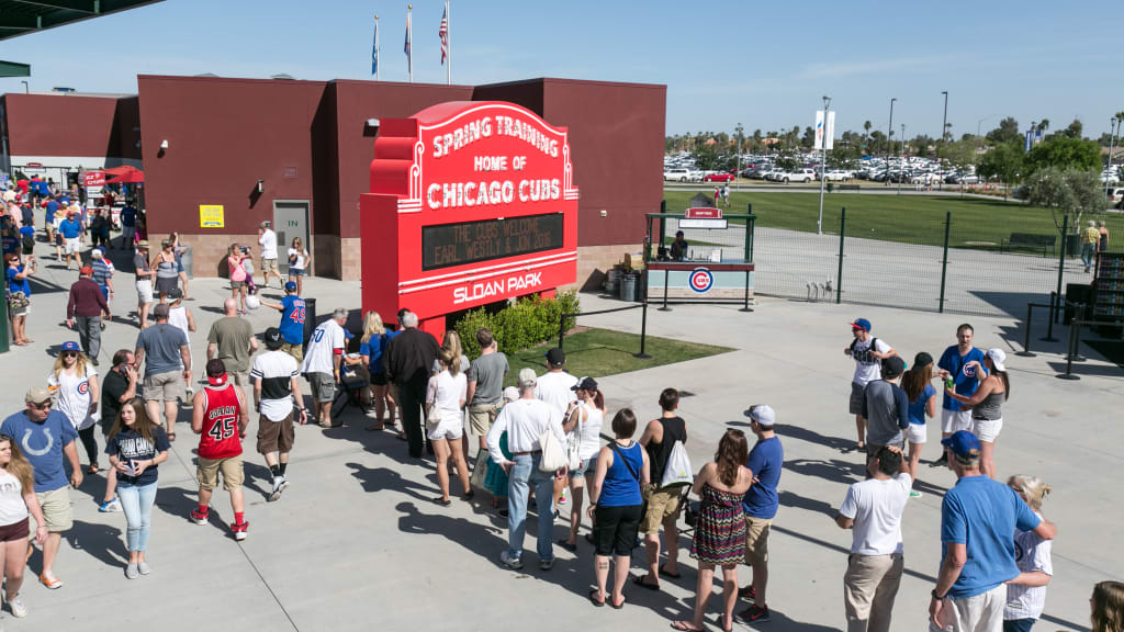 Baseball fans line up to enter a stadium.