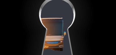 RVs are safe — View of motorhome behind keyhole.