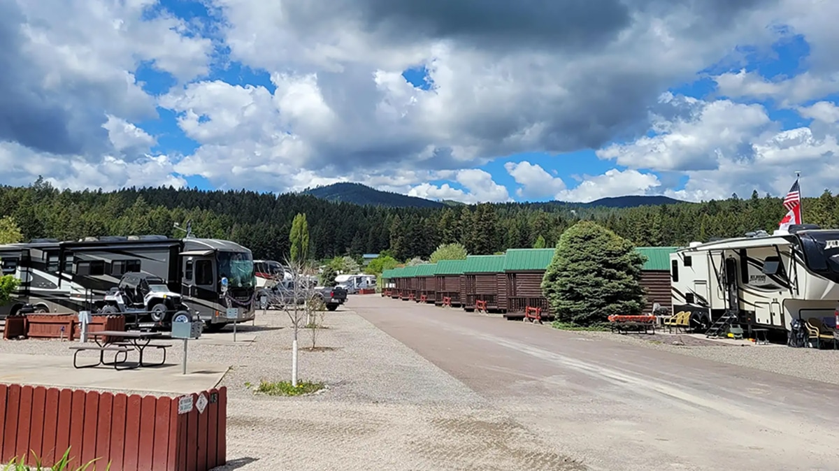 A row of RVs in a mountainous, forested environment.