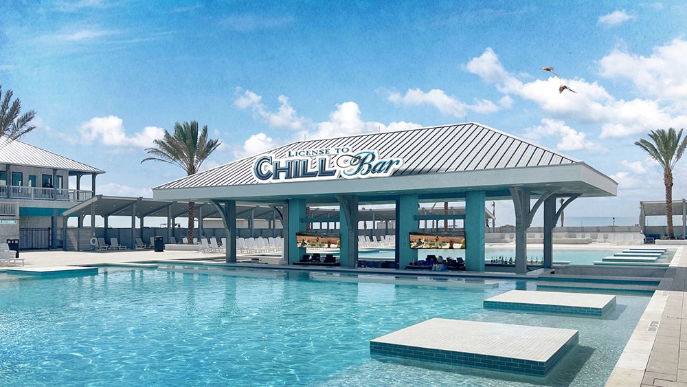 A swim-up bar with the sign, license to chill.