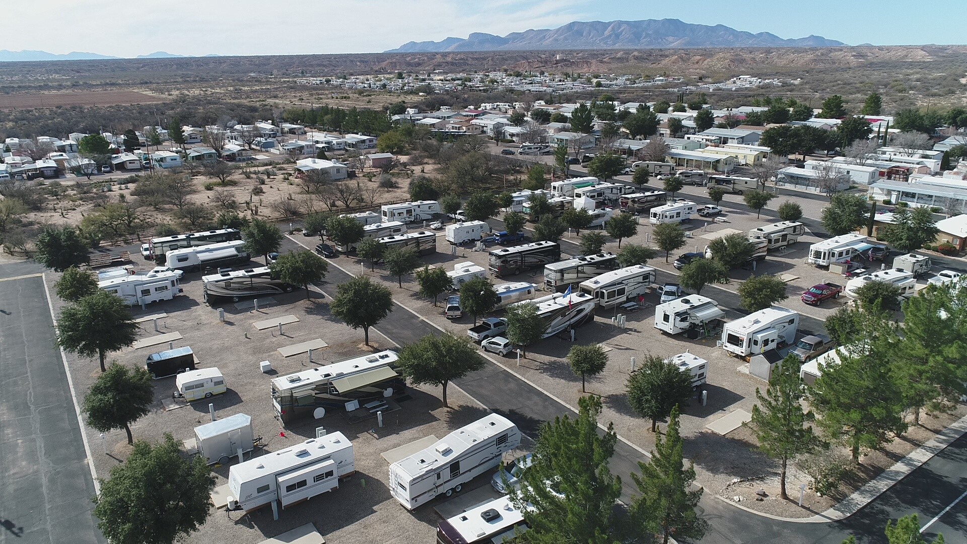 Aerial shot of campground's trailers and motorhomes
