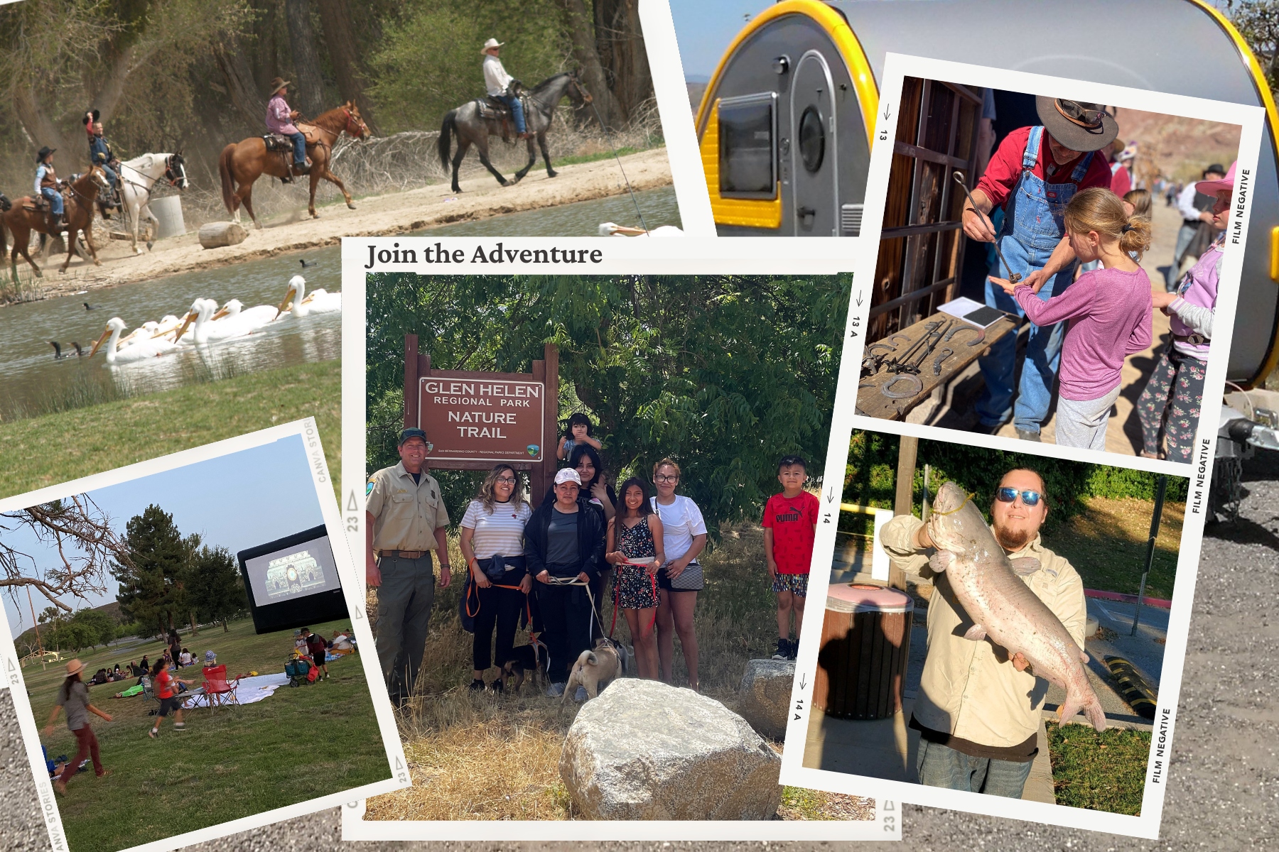 Collage of photos showing tourists engaging in picnicking, fishing, horseback ridinga nd more.