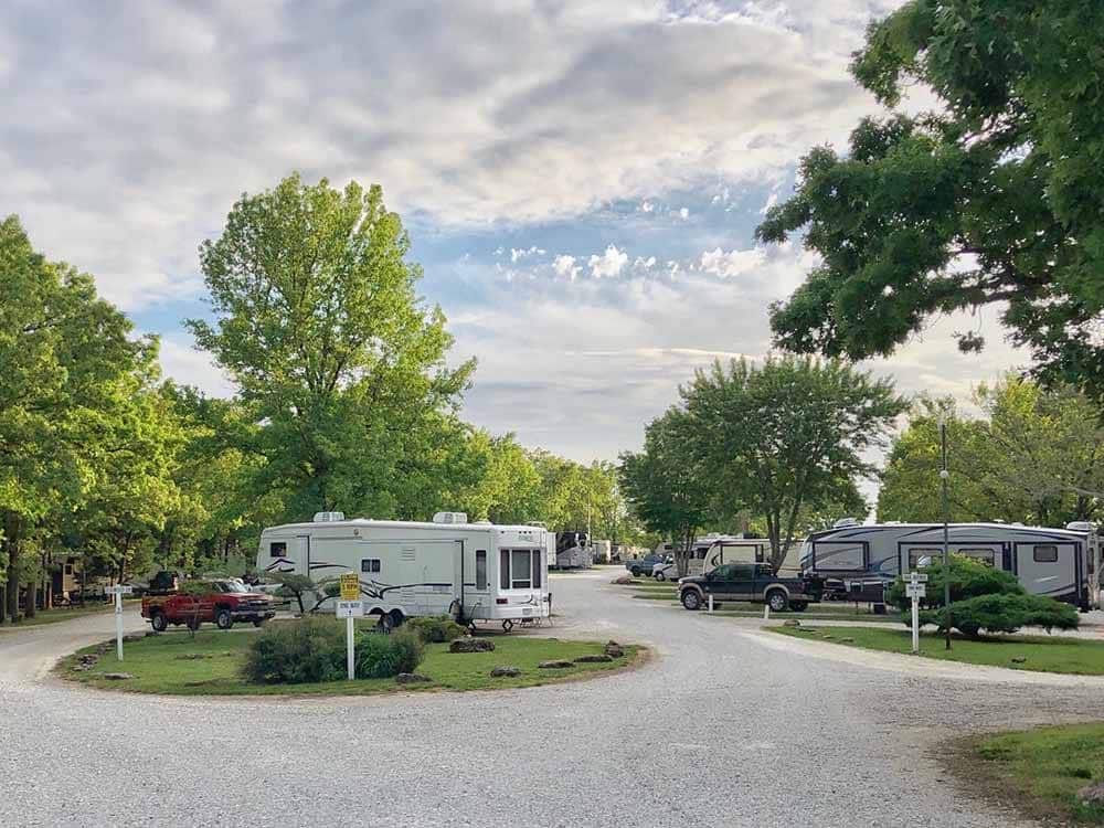 RVs parked in leafy campsites