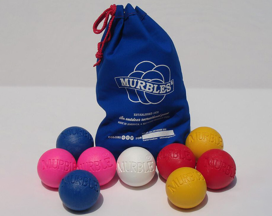 Colorful balls as well as the blue bag for storage.