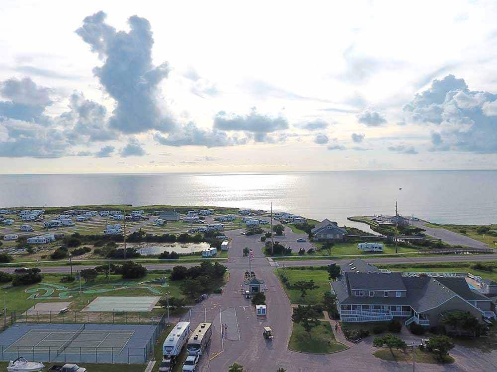 Aerial view of RV park on the ocean.