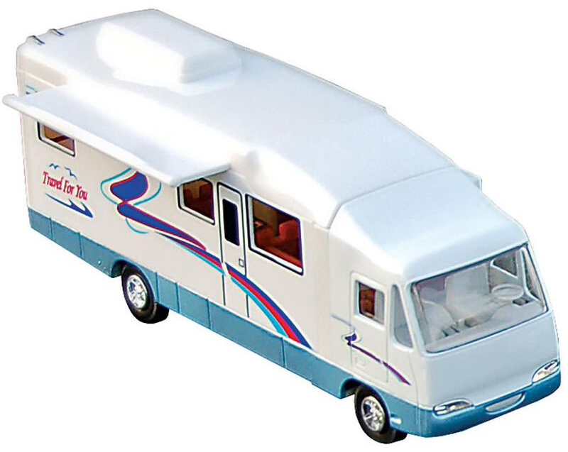 A silhouette of a toy RV against white background.