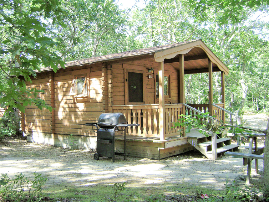 Camping cabin in wooded environment.