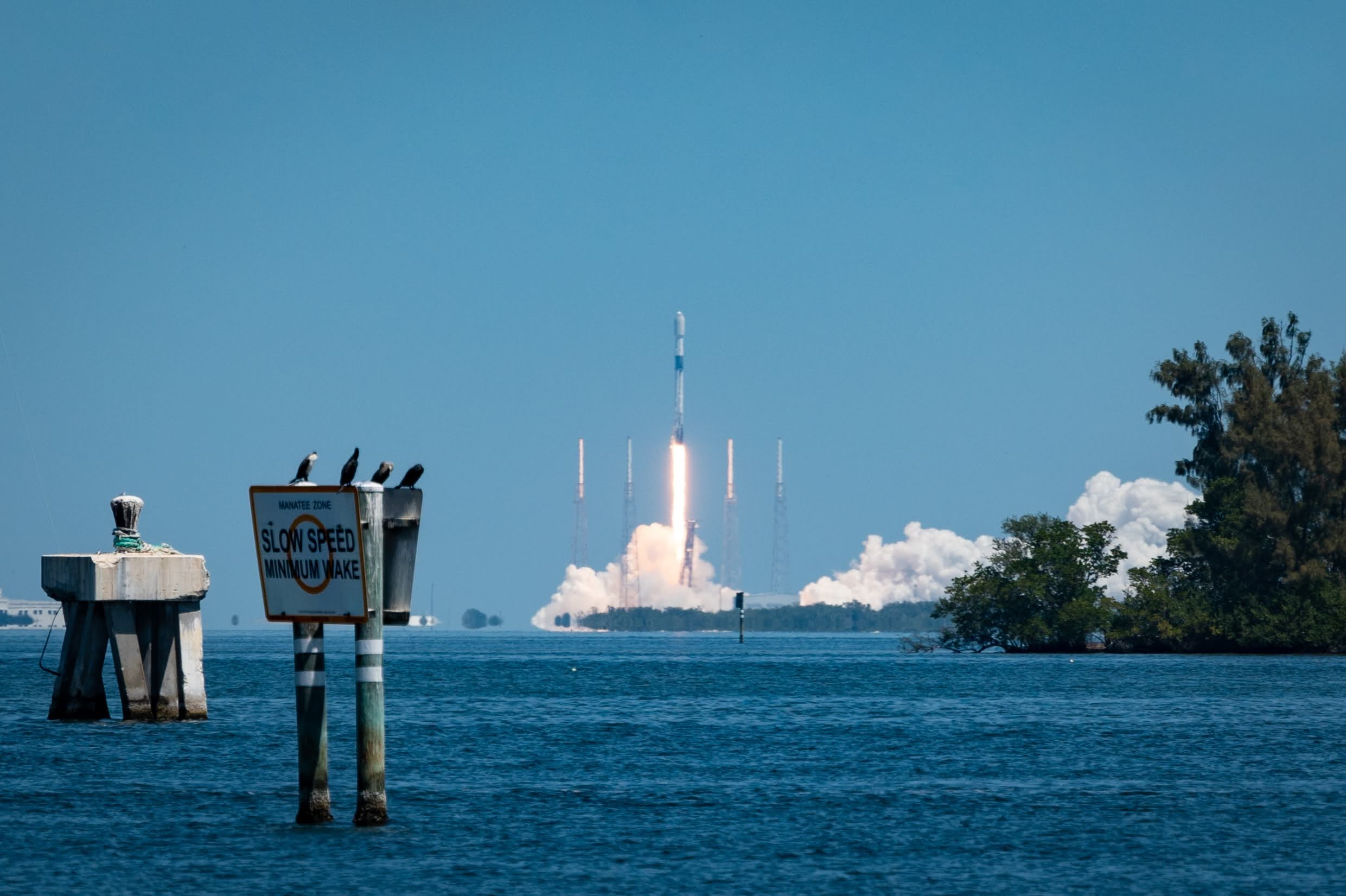 View of SpaceX Falcon 9 Starlink V1.0-L23 launch from SLC-40 pad at the Cape Canaveral Space Force Station in Florida on April 7, 2021 as seen from across the Banana River.
