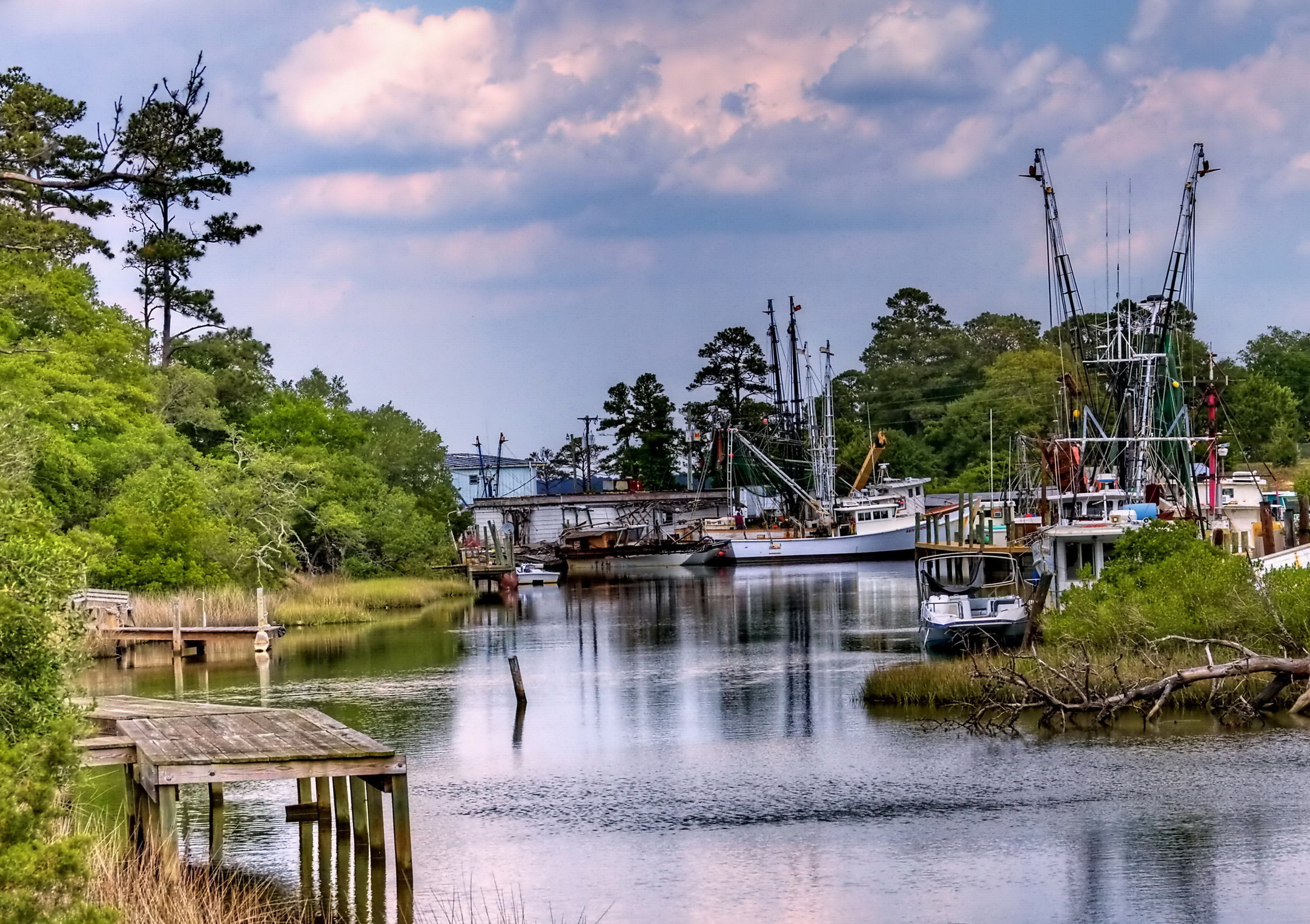 Channel lined with fishing vessels with lush banks.