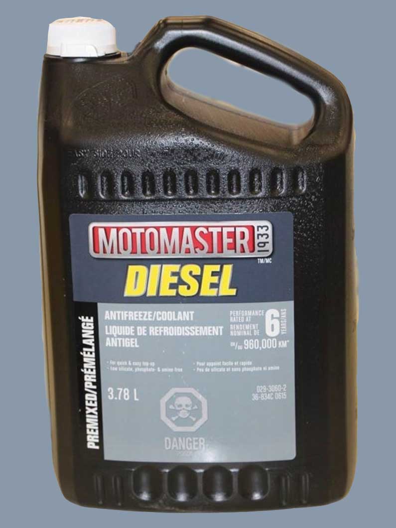 A container of Motormaster Diesel coolant.