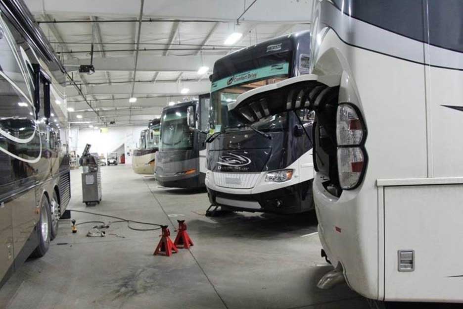 Motorhomes in repair shop