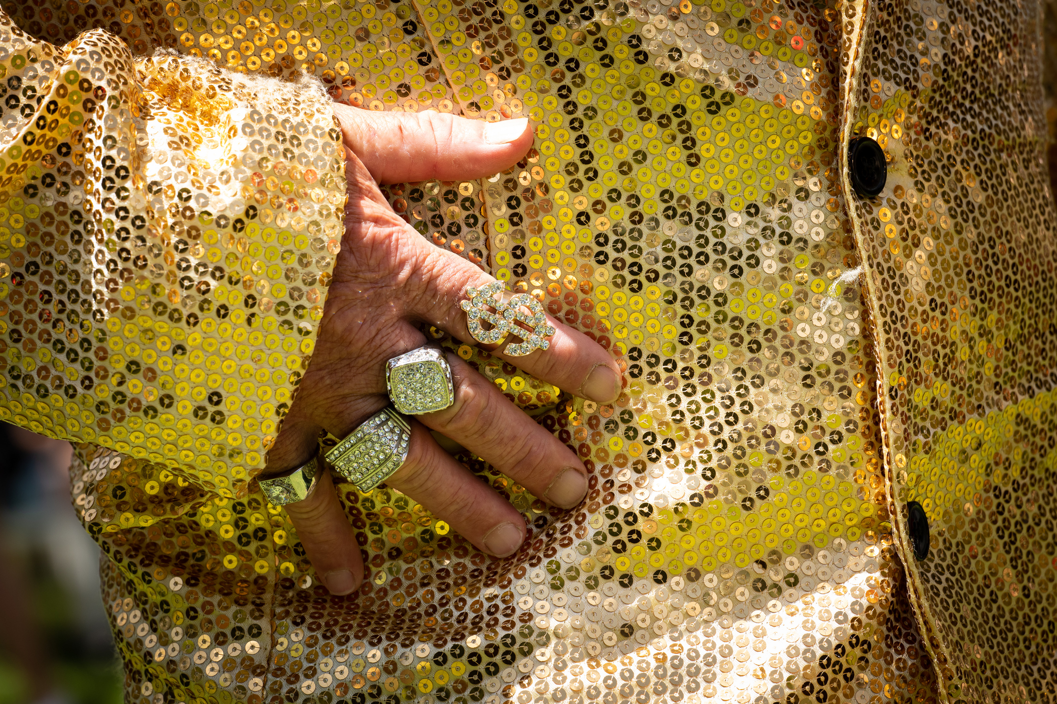 Man with golden rings strokes a rinestone suit.